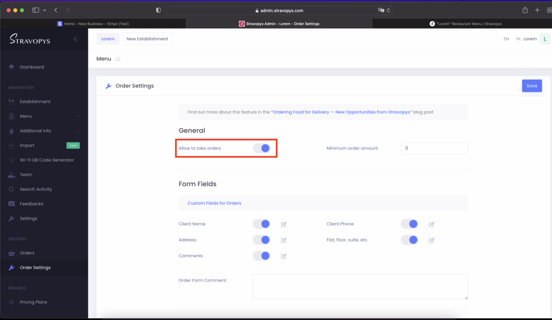 Stravopys Admin Panel with Order Settings