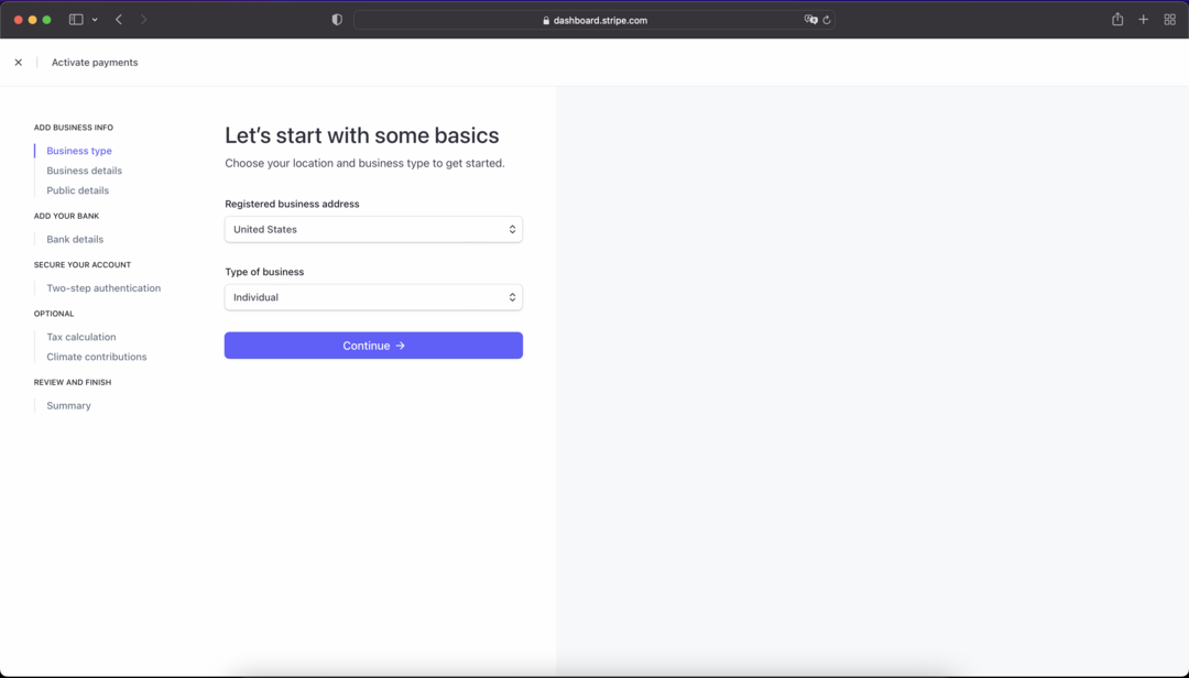 Formulari de configuració del compte de Stripe