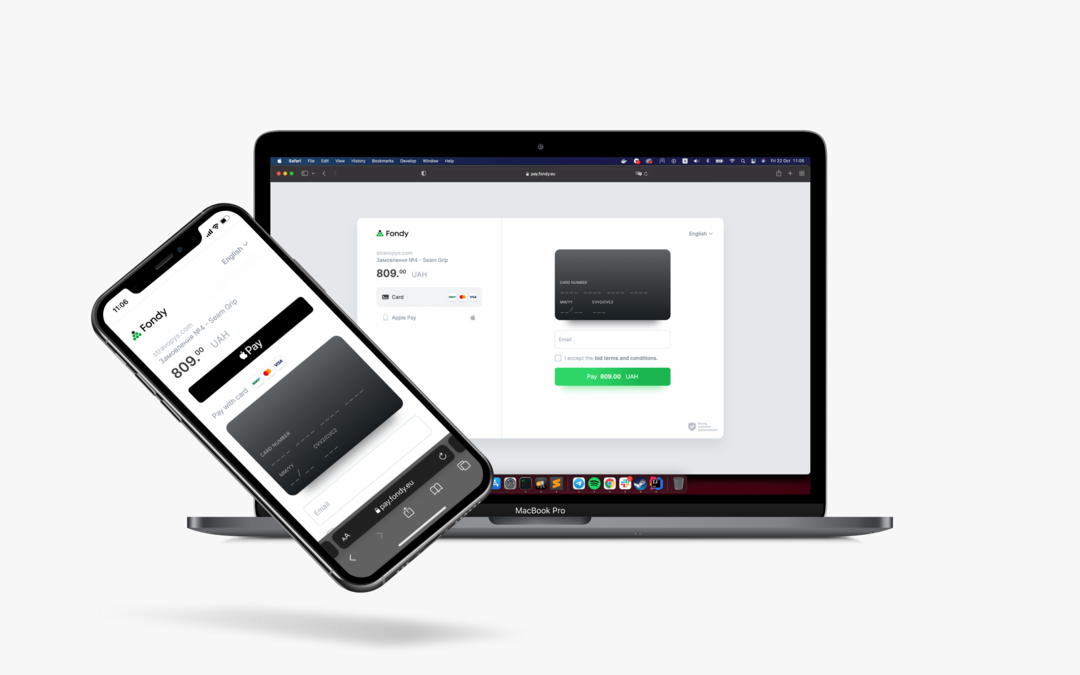 Оплата за замовлення через Apple Pay, Google Pay, Mastercard і Visa використовуючи платіжну систему Fondy