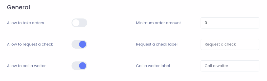 An example of the settings of the waiter call fields and the ability to ask for the bill
