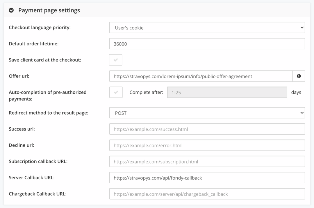 Payment page settings at Fondy