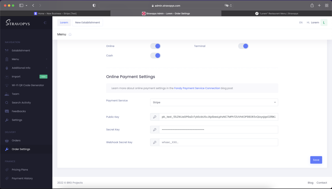 Panel de administración de Stravopys para menú digital con configuración de banda