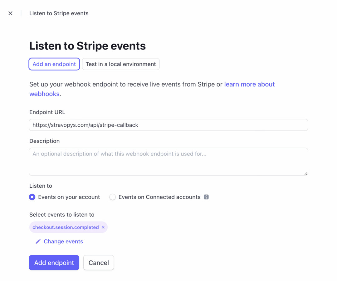 Stripe webhook events configuration