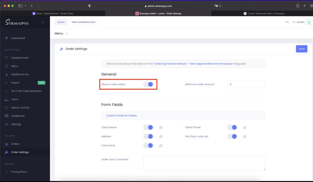 Panel de administración de Stravopys con configuración de pedidos