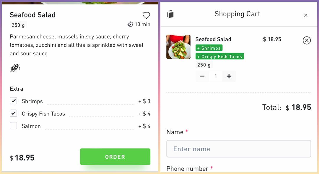 An example of modifying a dish in an online menu