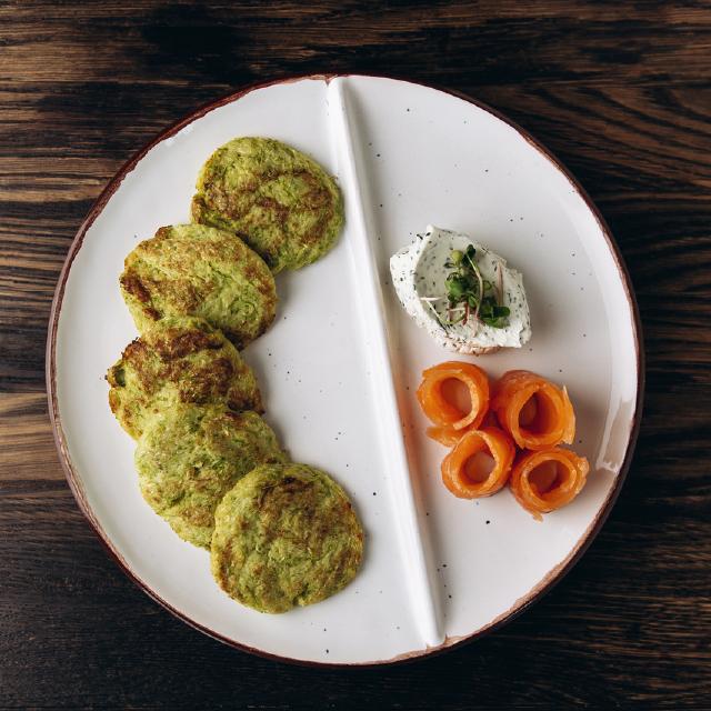 Marrow pancakes with cream cheese and salmon