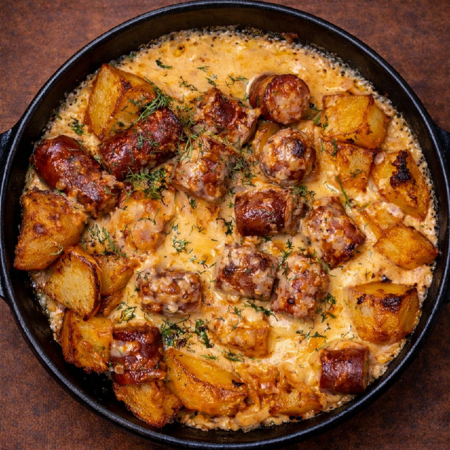 Пательня- картопля з мисливськими ковбасками